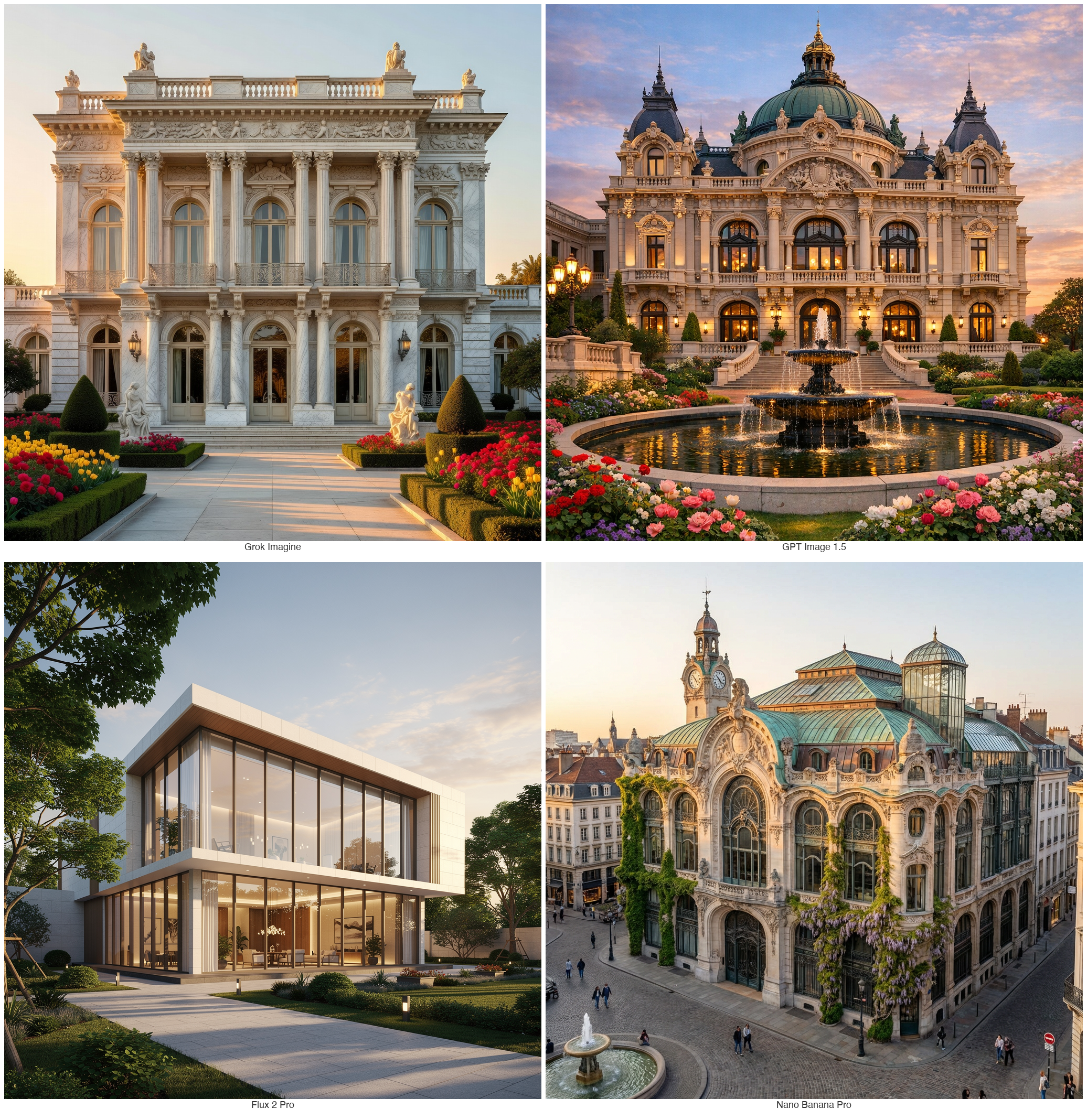 Four AI models' interpretation of a beautiful building