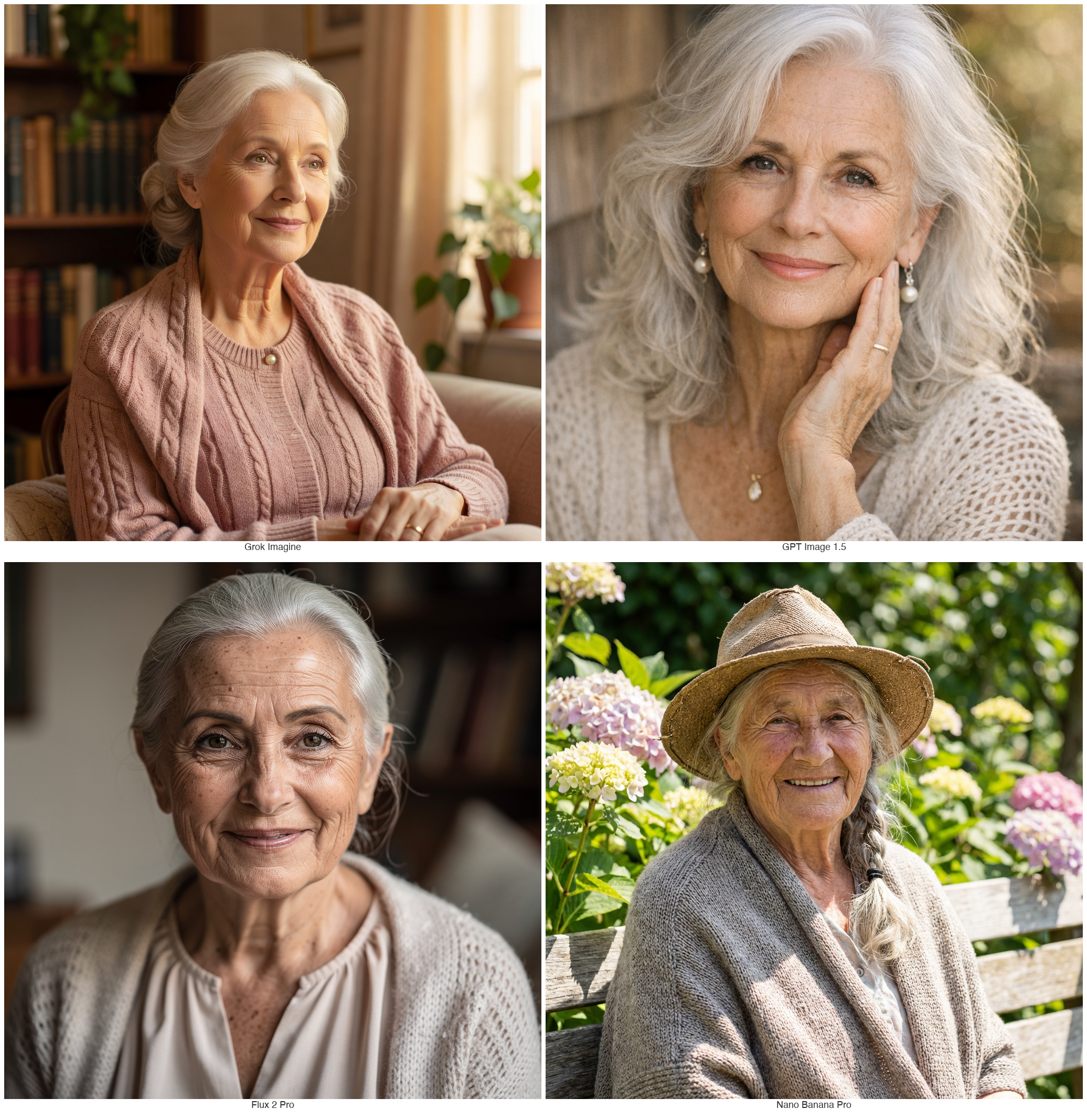 Four AI models' interpretation of a beautiful old woman